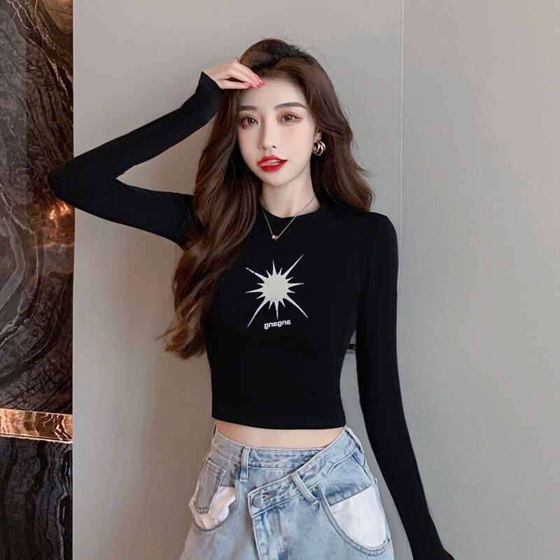 Áo Thun Đen Tay Dài Eo Cao Ôm Sát Quyến Rũ Trẻ Trung Hợp Thời Trang Cho Bạn Gái