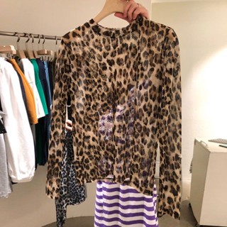 Áo Thun Lưới Lụa Lạnh Mỏng Tay Dài Trong Suốt In Họa Tiết Da Báo Thời Trang Mùa Hè Cho Nữ