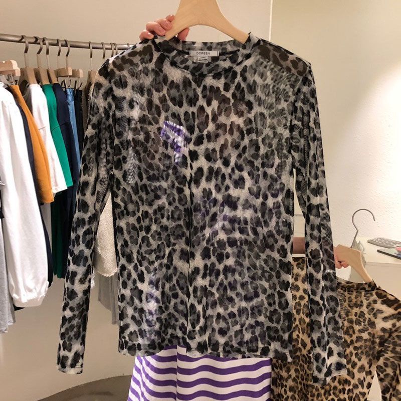 Áo Thun Lưới Lụa Lạnh Mỏng Tay Dài Trong Suốt In Họa Tiết Da Báo Thời Trang Mùa Hè Cho Nữ