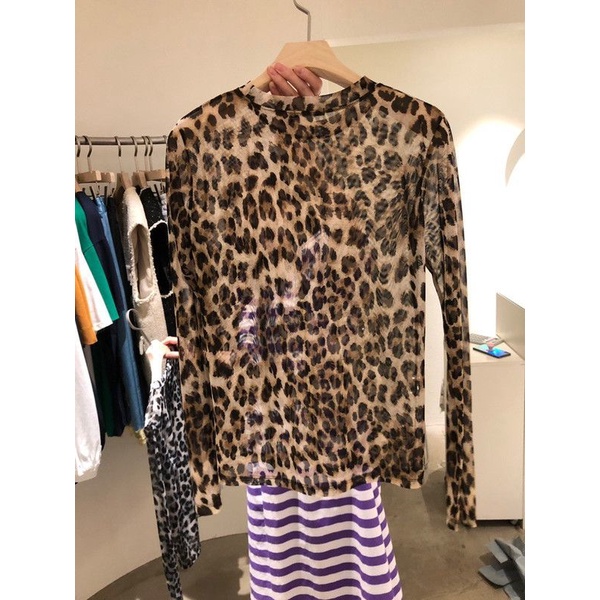 Áo Thun Lưới Lụa Lạnh Mỏng Tay Dài Trong Suốt In Họa Tiết Da Báo Thời Trang Mùa Hè Cho Nữ