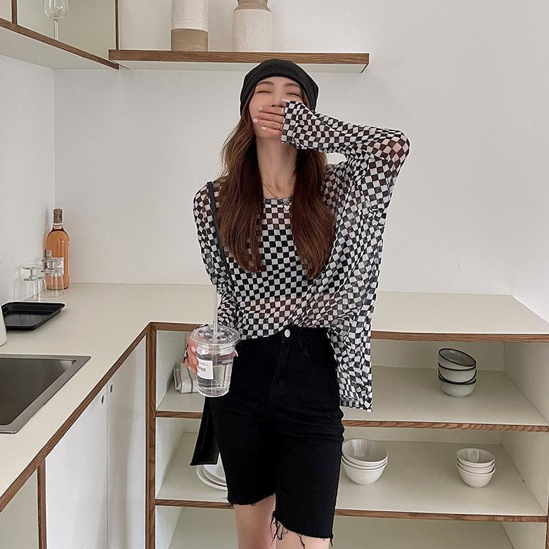 Áo Thun Tay Dài Dáng Rộng Họa Tiết Kẻ Sọc Trắng Đen Phong Cách Retro Thời Trang Mùa Hè Cho Nữ