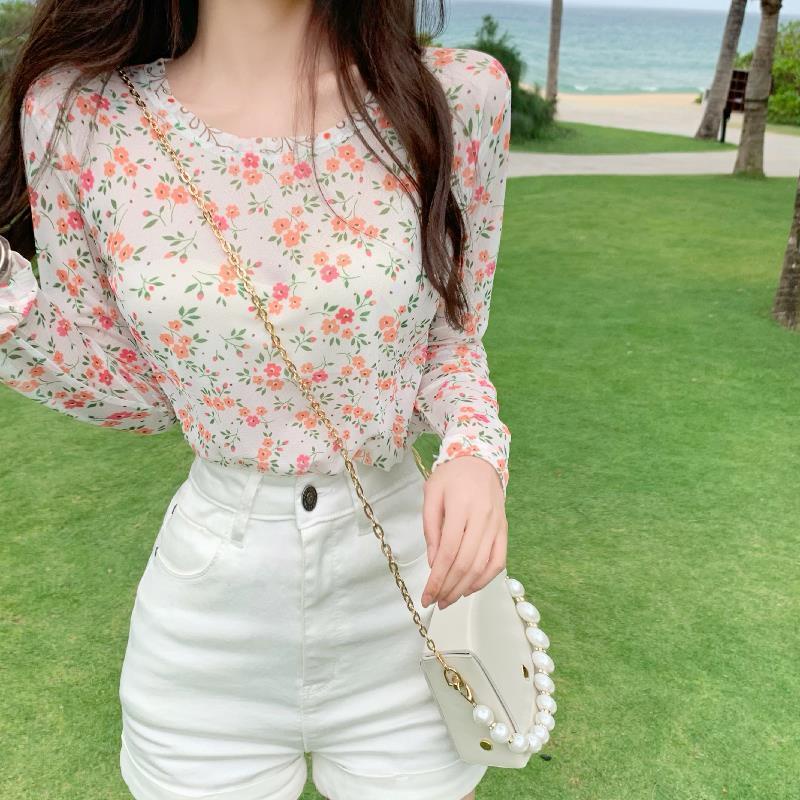 Áo Thun Tay Dài Chống Nắng Bằng Lụa Lạnh Phối Lưới In Họa Tiết Xinh Xắn Thời Trang Mùa Hè Cho Nữ