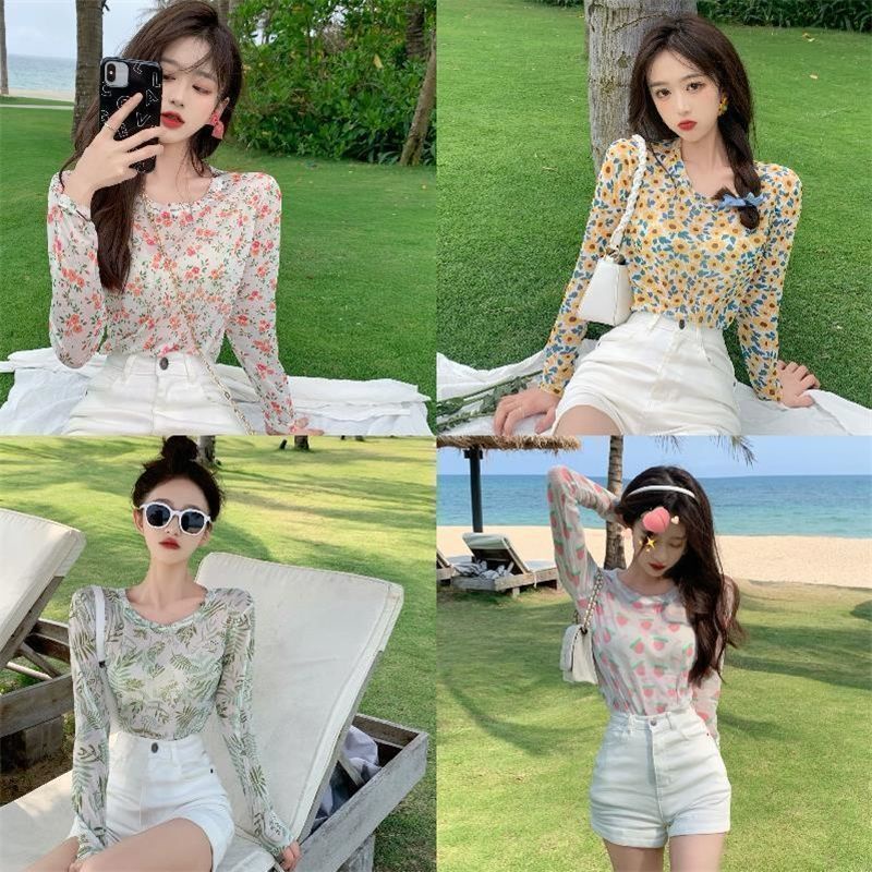 Áo Thun Tay Dài Chống Nắng Bằng Lụa Lạnh Phối Lưới In Họa Tiết Xinh Xắn Thời Trang Mùa Hè Cho Nữ