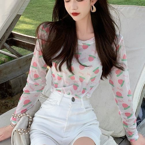 Áo Thun Tay Dài Chống Nắng Bằng Lụa Lạnh Phối Lưới In Họa Tiết Xinh Xắn Thời Trang Mùa Hè Cho Nữ