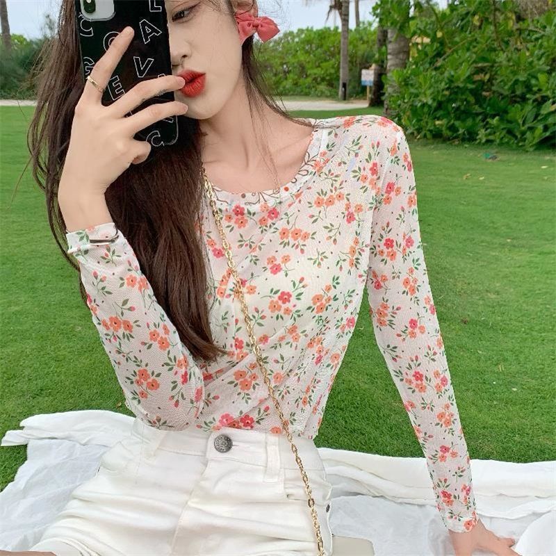 Áo Thun Tay Dài Chống Nắng Bằng Lụa Lạnh Phối Lưới In Họa Tiết Xinh Xắn Thời Trang Mùa Hè Cho Nữ