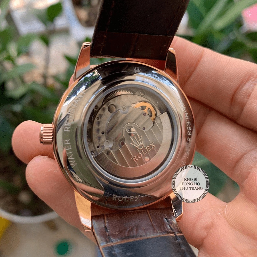 Cathywatch Đồng hồ Nam Rolex máy nhật, mẫu 3kim cắt vát mặt đen viền vàng dây da, dòng cơ Automatic size 40mm-41mm