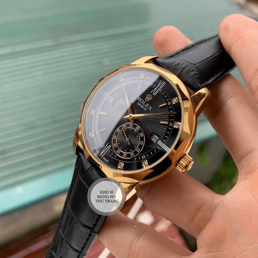 Cathywatch Đồng hồ Nam Rolex máy nhật, mẫu 3kim cắt vát mặt đen viền vàng dây da, dòng cơ Automatic size 40mm-41mm