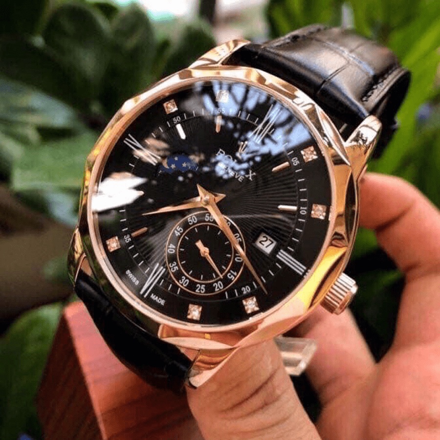 Cathywatch Đồng hồ Nam Rolex máy nhật, mẫu 3kim cắt vát mặt đen viền vàng dây da, dòng cơ Automatic size 40mm-41mm