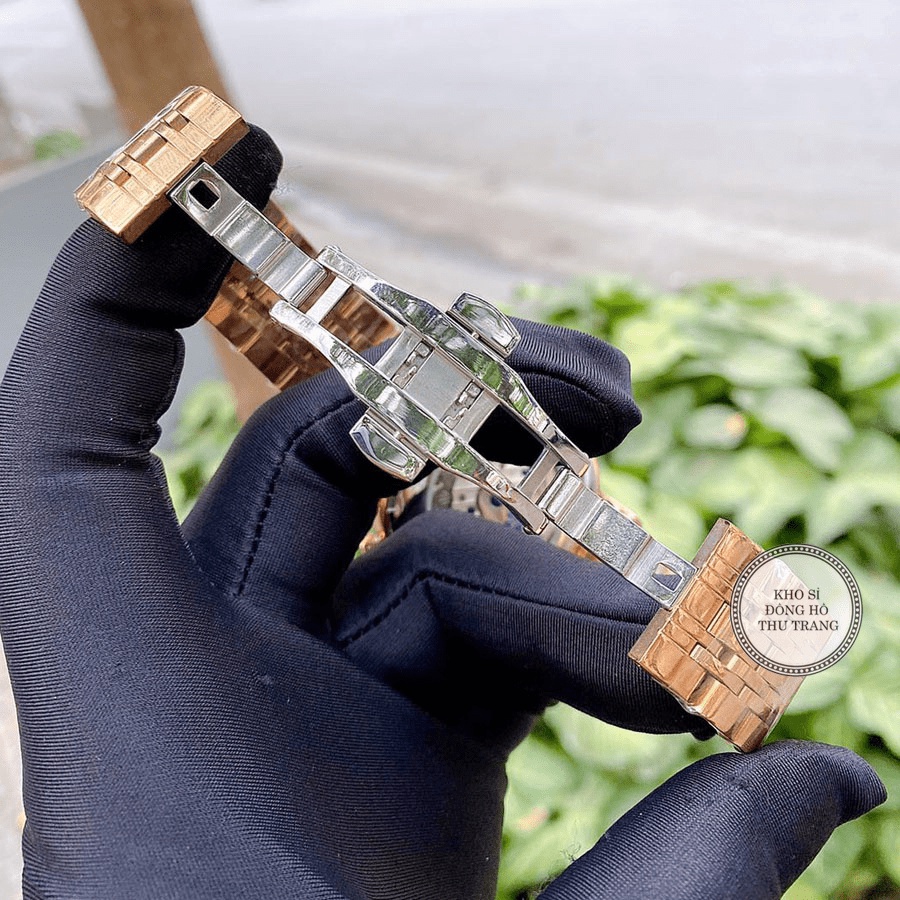 Cathywatch Đồng hồ Nam Rolex máy nhật, mẫu 3kim cắt vát mặt đen viền vàng dây da, dòng cơ Automatic size 40mm-41mm