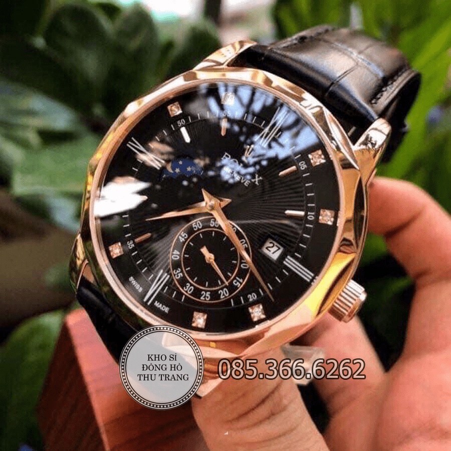 Cathywatch Đồng hồ Nam Rolex máy nhật, mẫu 3kim cắt vát mặt đen viền vàng dây da, dòng cơ Automatic size 40mm-41mm