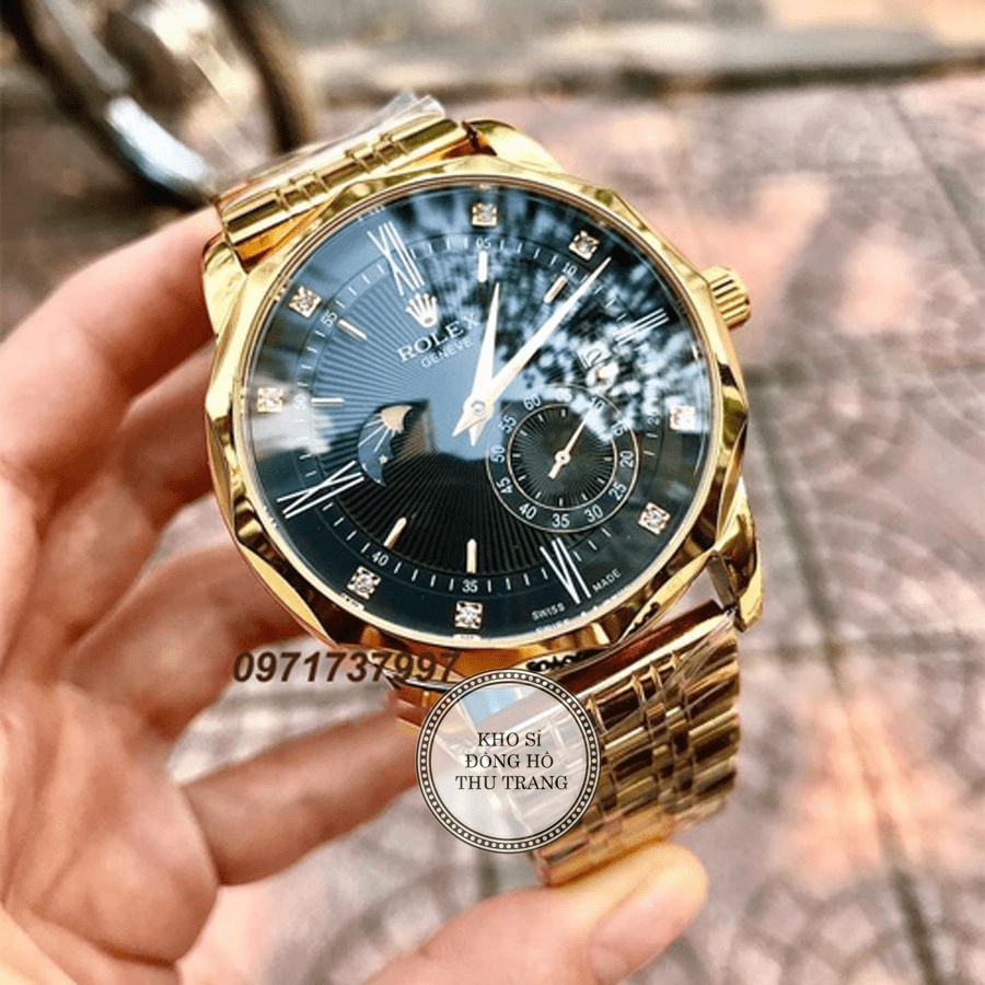 Cathywatch Đồng hồ Nam Rolex máy nhật, mẫu 3kim cắt vát mặt đen viền vàng dây da, dòng cơ Automatic size 40mm-41mm