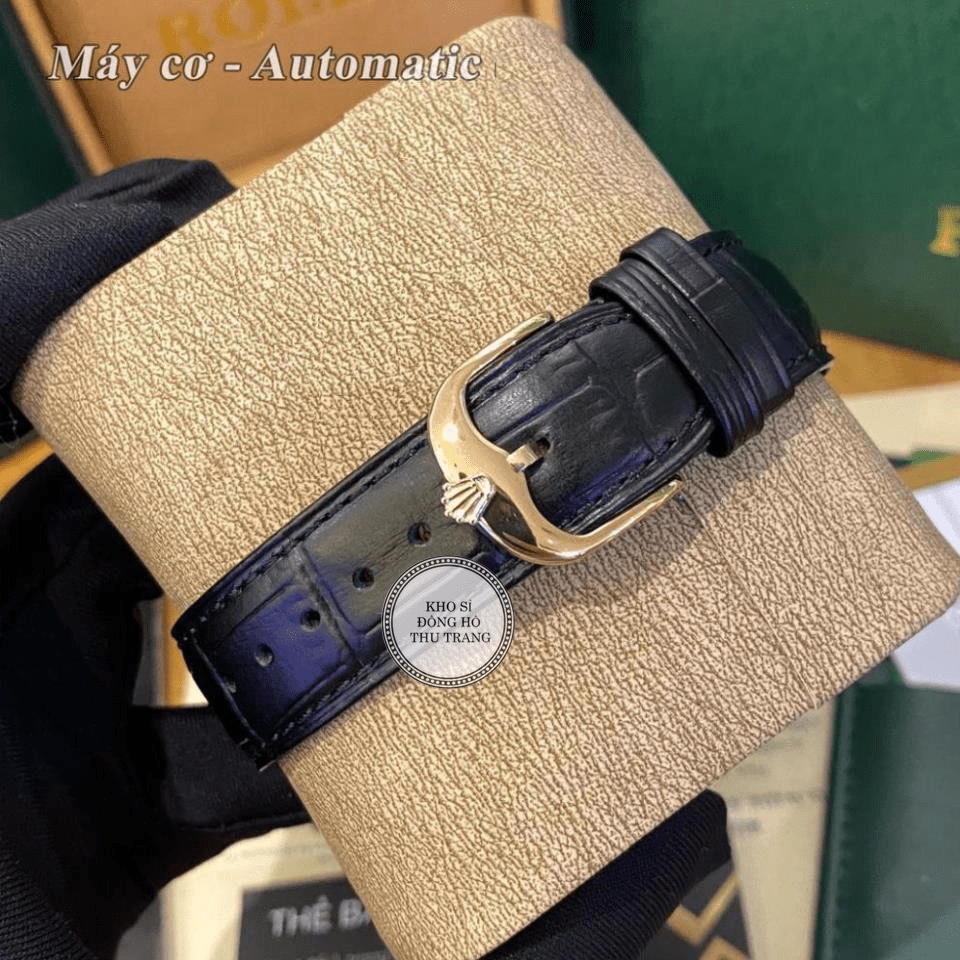 Cathywatch Đồng hồ Nam Rolex máy nhật, mẫu 3kim cắt vát mặt đen viền vàng dây da, dòng cơ Automatic size 40mm-41mm