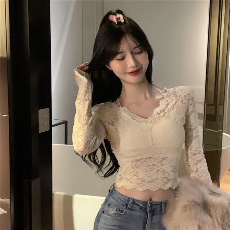 Jiashuchengv Áo Thun Nhỏ Phối Ren Cổ Cao Phong Cách Phương Tây Thời Trang Xuân Thu Mới Cho Nữ