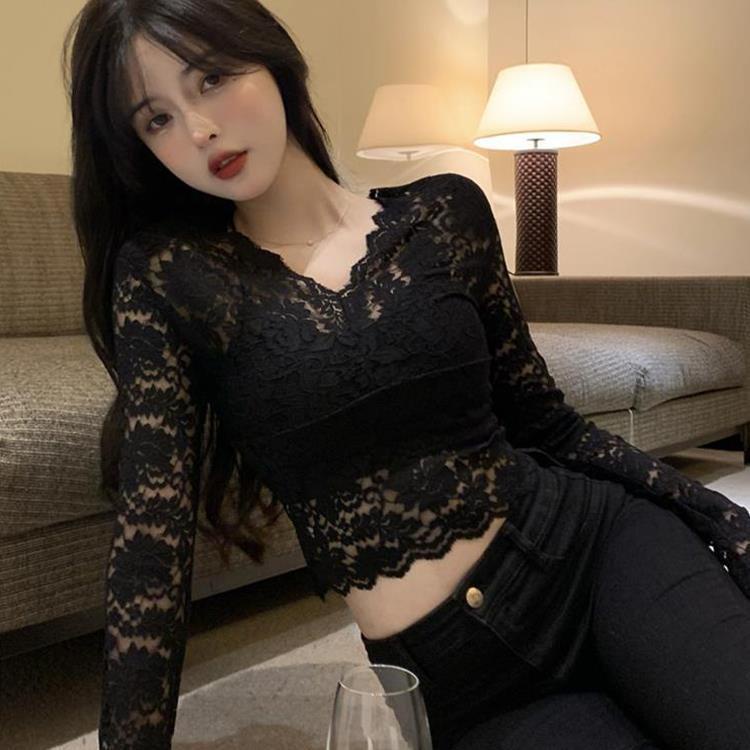 Jiashuchengv Áo Thun Nhỏ Phối Ren Cổ Cao Phong Cách Phương Tây Thời Trang Xuân Thu Mới Cho Nữ