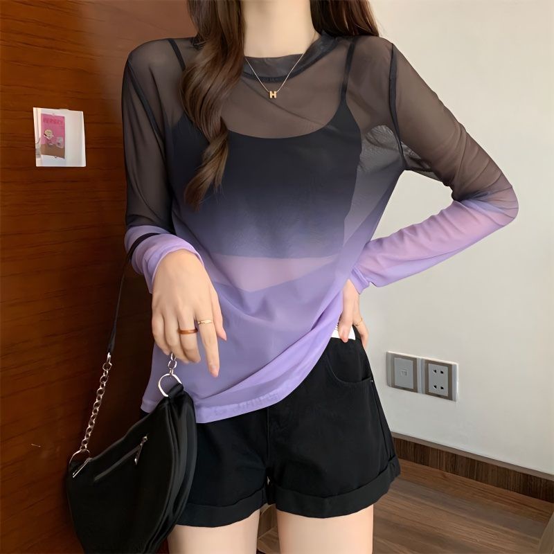 Jiashucheng Áo Thun Tay Dài Vải Lụa Lạnh Mỏng Nhẹ Màu Gradient Gợi Cảm Phong Cách Mới Mùa Xuân Dành Cho Bạn Nữ