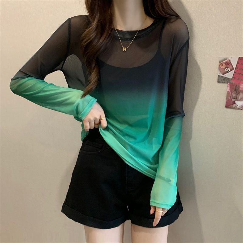 Jiashucheng Áo Thun Tay Dài Vải Lụa Lạnh Mỏng Nhẹ Màu Gradient Gợi Cảm Phong Cách Mới Mùa Xuân Dành Cho Bạn Nữ