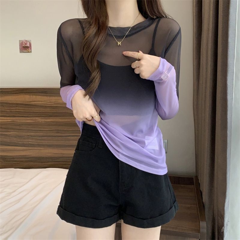 Jiashucheng Áo Thun Tay Dài Vải Lụa Lạnh Mỏng Nhẹ Màu Gradient Gợi Cảm Phong Cách Mới Mùa Xuân Dành Cho Bạn Nữ