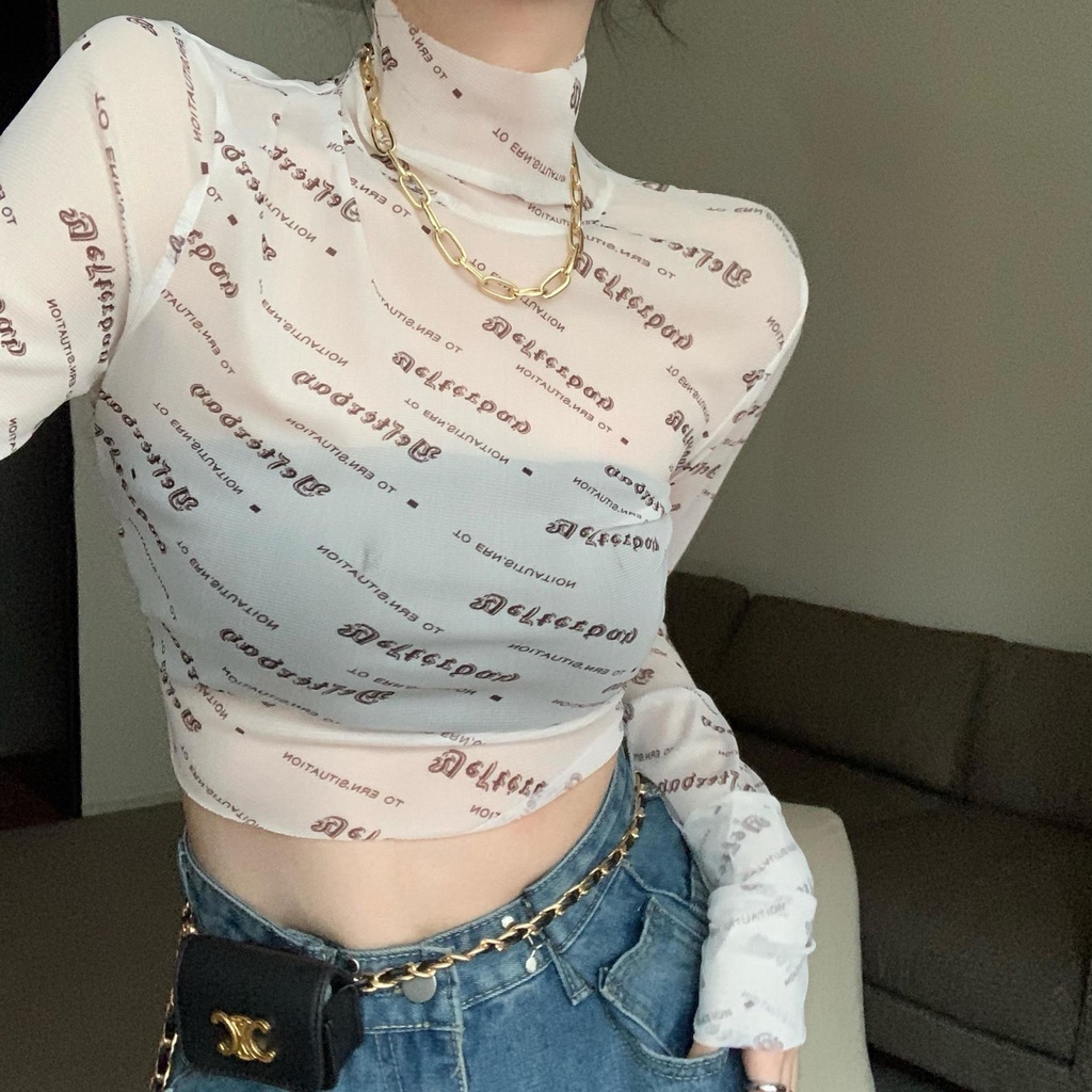 Jiashucheng Áo Thun Crop Top Lưới In Chữ Phong Cách Mới Mùa Hè Quyến Rũ Cho Nữ