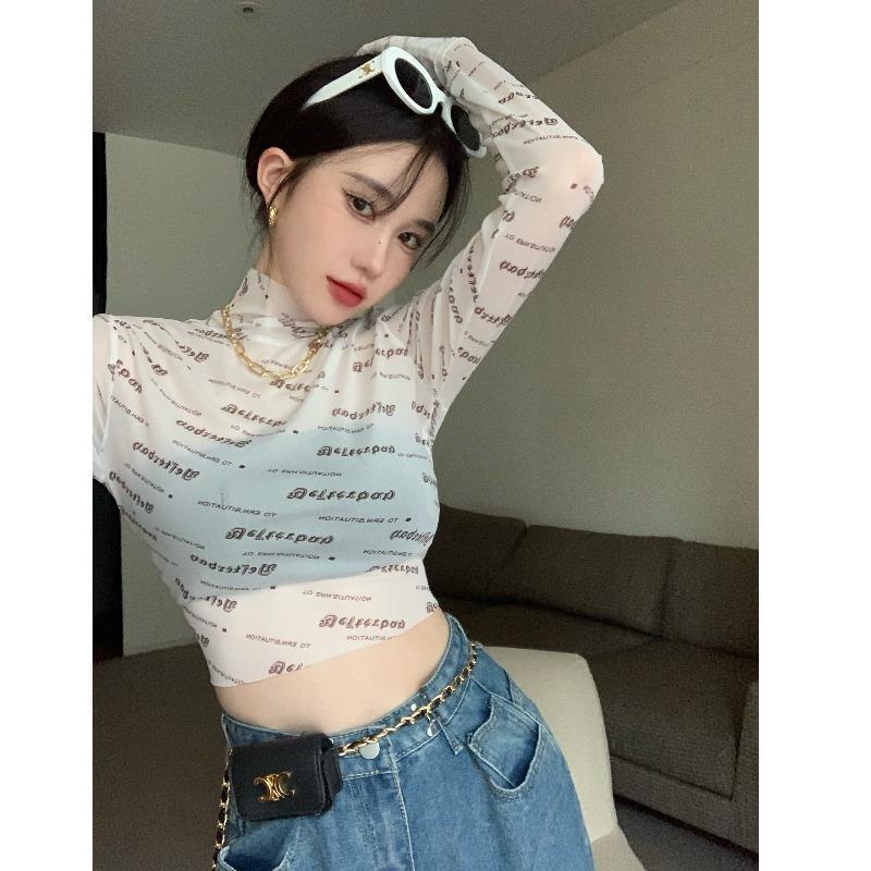 Jiashucheng Áo Thun Crop Top Lưới In Chữ Phong Cách Mới Mùa Hè Quyến Rũ Cho Nữ