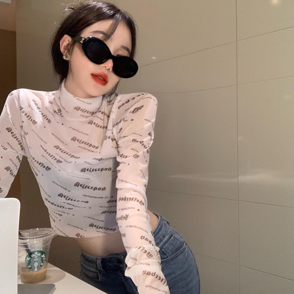 Jiashucheng Áo Thun Crop Top Lưới In Chữ Phong Cách Mới Mùa Hè Quyến Rũ Cho Nữ