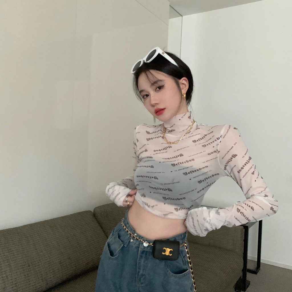Jiashucheng Áo Thun Crop Top Lưới In Chữ Phong Cách Mới Mùa Hè Quyến Rũ Cho Nữ