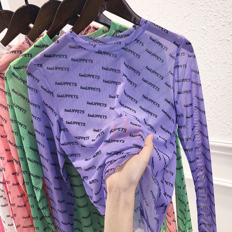 Áo Thun Tay Dài Vải Lụa Lạnh Mỏng Ôm Dáng In Chữ Thời Trang Mùa Hè Cho Nữ