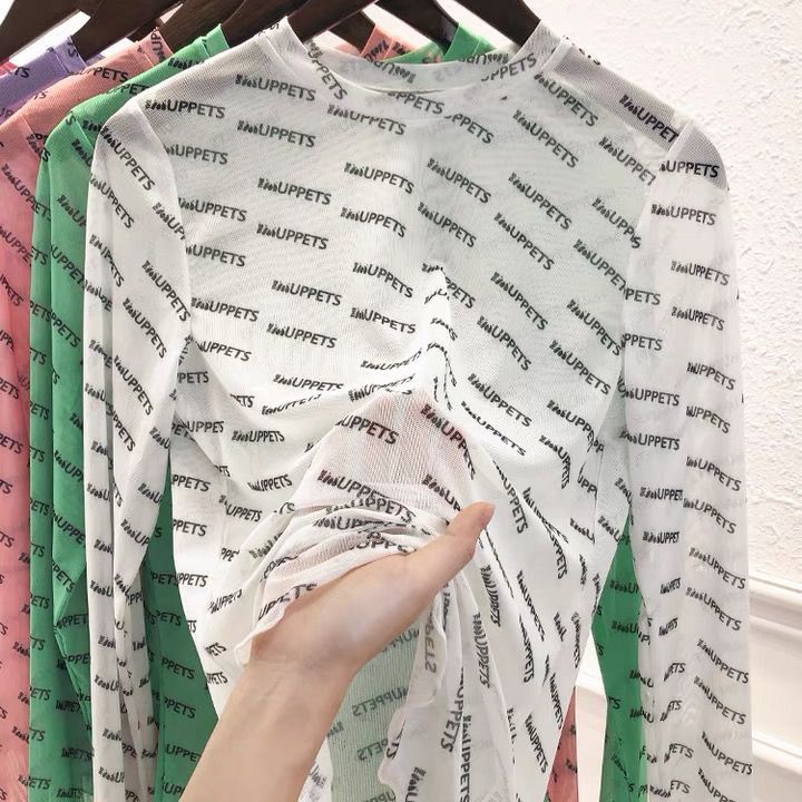 Áo Thun Tay Dài Vải Lụa Lạnh Mỏng Ôm Dáng In Chữ Thời Trang Mùa Hè Cho Nữ