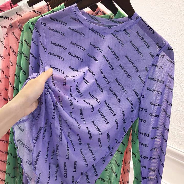 Áo Thun Tay Dài Vải Lụa Lạnh Mỏng Ôm Dáng In Chữ Thời Trang Mùa Hè Cho Nữ