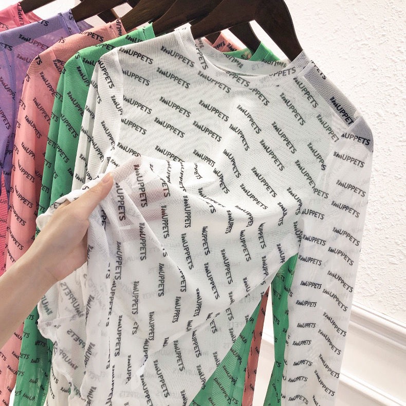 Áo Thun Tay Dài Vải Lụa Lạnh Mỏng Ôm Dáng In Chữ Thời Trang Mùa Hè Cho Nữ