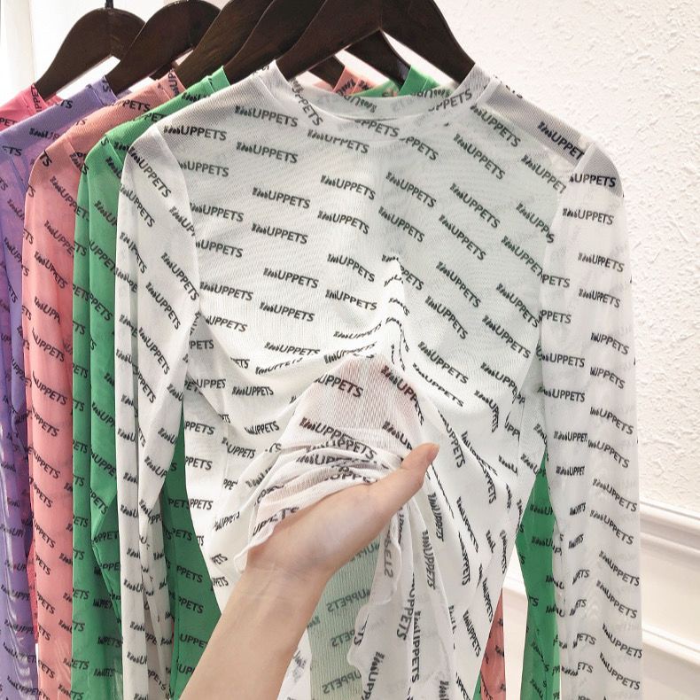 Áo Thun Tay Dài Vải Lụa Lạnh Mỏng Ôm Dáng In Chữ Thời Trang Mùa Hè Cho Nữ