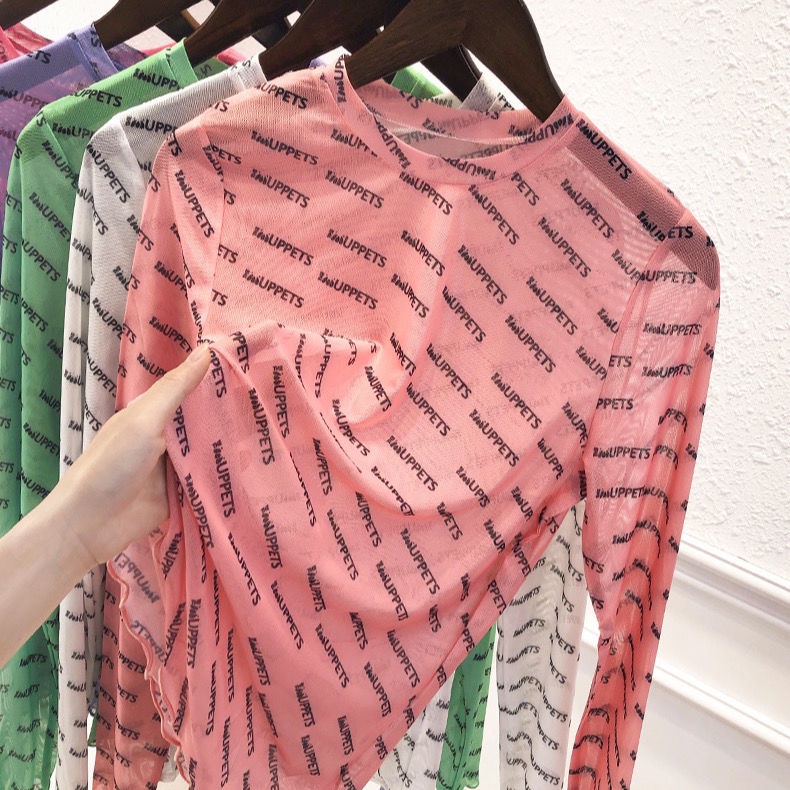 Áo Thun Tay Dài Vải Lụa Lạnh Mỏng Ôm Dáng In Chữ Thời Trang Mùa Hè Cho Nữ