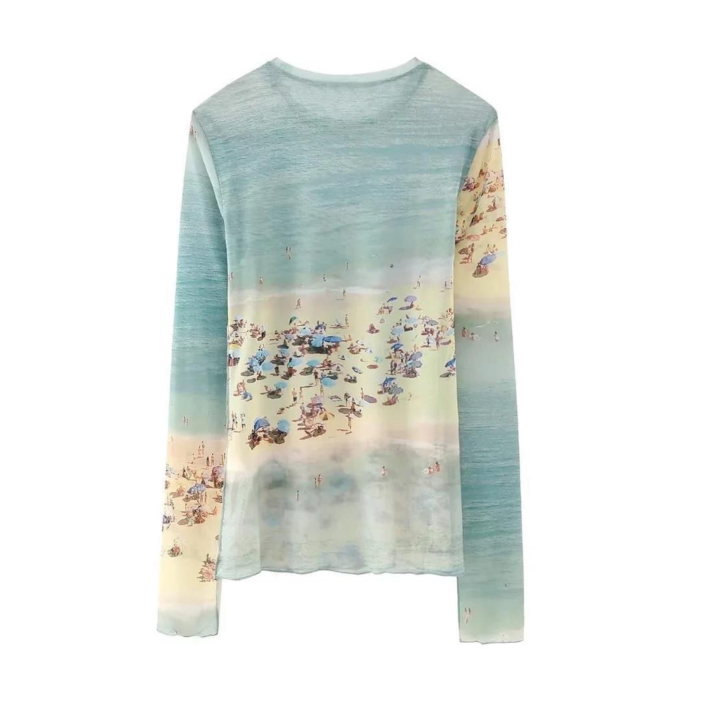 Jiashucheng Áo Thun Tay Dài Dáng Ôm Họa Tiết Màu Nhuộm Phong Cách Âu Mỹ Thời Trang Cho Nữ