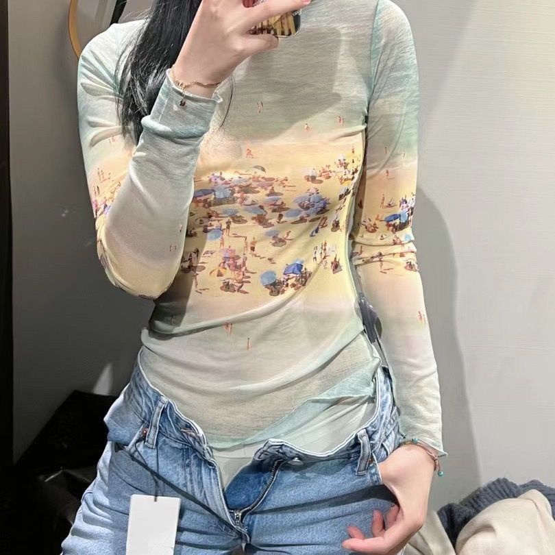Jiashucheng Áo Thun Tay Dài Dáng Ôm Họa Tiết Màu Nhuộm Phong Cách Âu Mỹ Thời Trang Cho Nữ