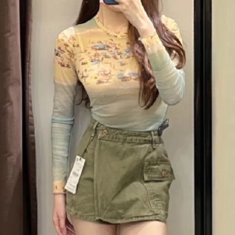 Jiashucheng Áo Thun Tay Dài Dáng Ôm Họa Tiết Màu Nhuộm Phong Cách Âu Mỹ Thời Trang Cho Nữ