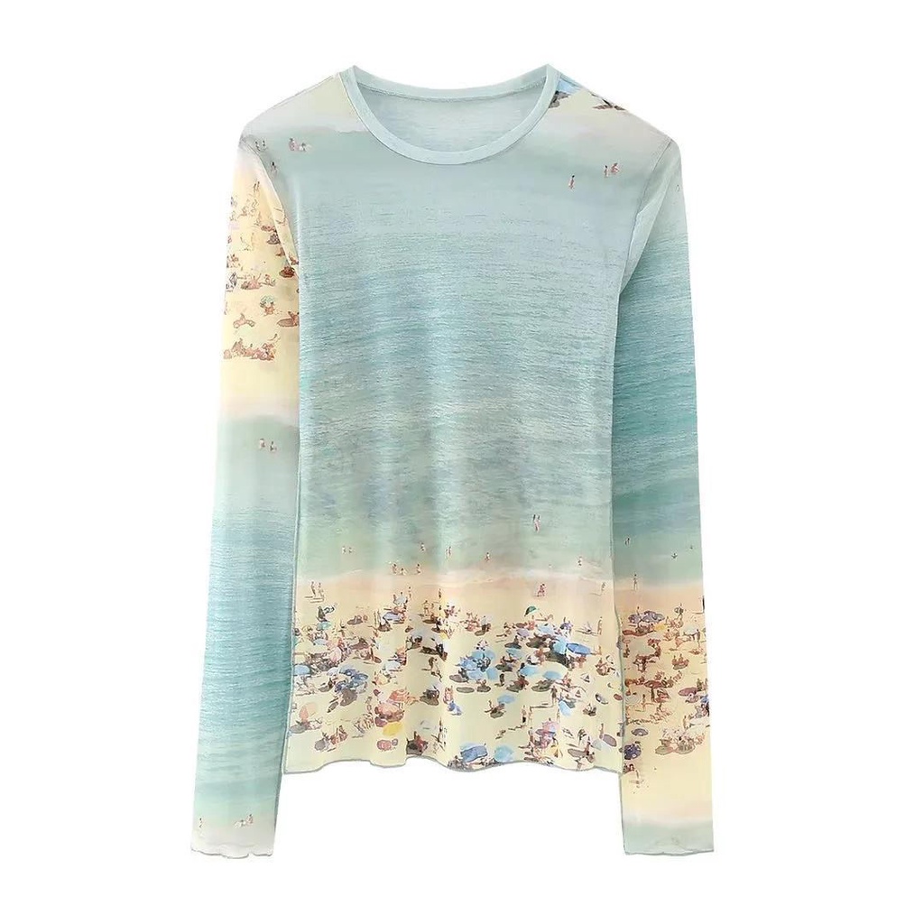 Jiashucheng Áo Thun Tay Dài Dáng Ôm Họa Tiết Màu Nhuộm Phong Cách Âu Mỹ Thời Trang Cho Nữ