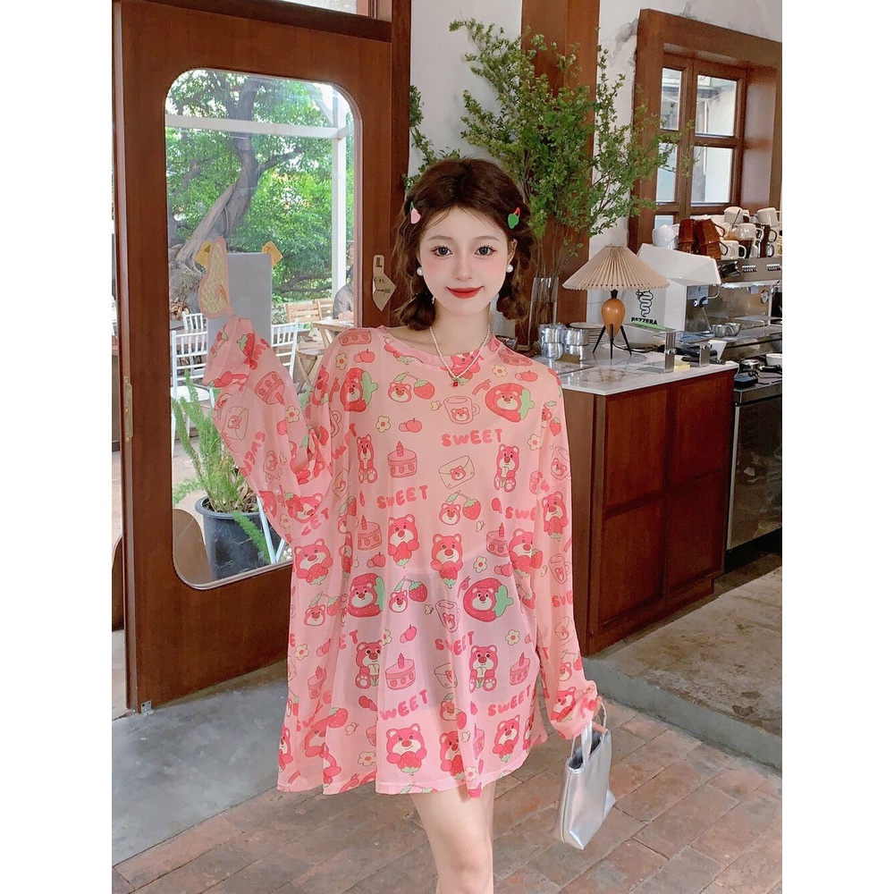 Áo Thun Tay Dài Dáng Rộng Vải Lụa Lạnh Mỏng In Họa Tiết Thời Trang Mùa Hè Kiểu Mới Cho Nữ