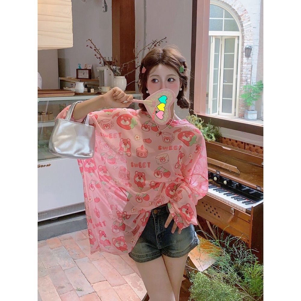 Áo Thun Tay Dài Dáng Rộng Vải Lụa Lạnh Mỏng In Họa Tiết Thời Trang Mùa Hè Kiểu Mới Cho Nữ