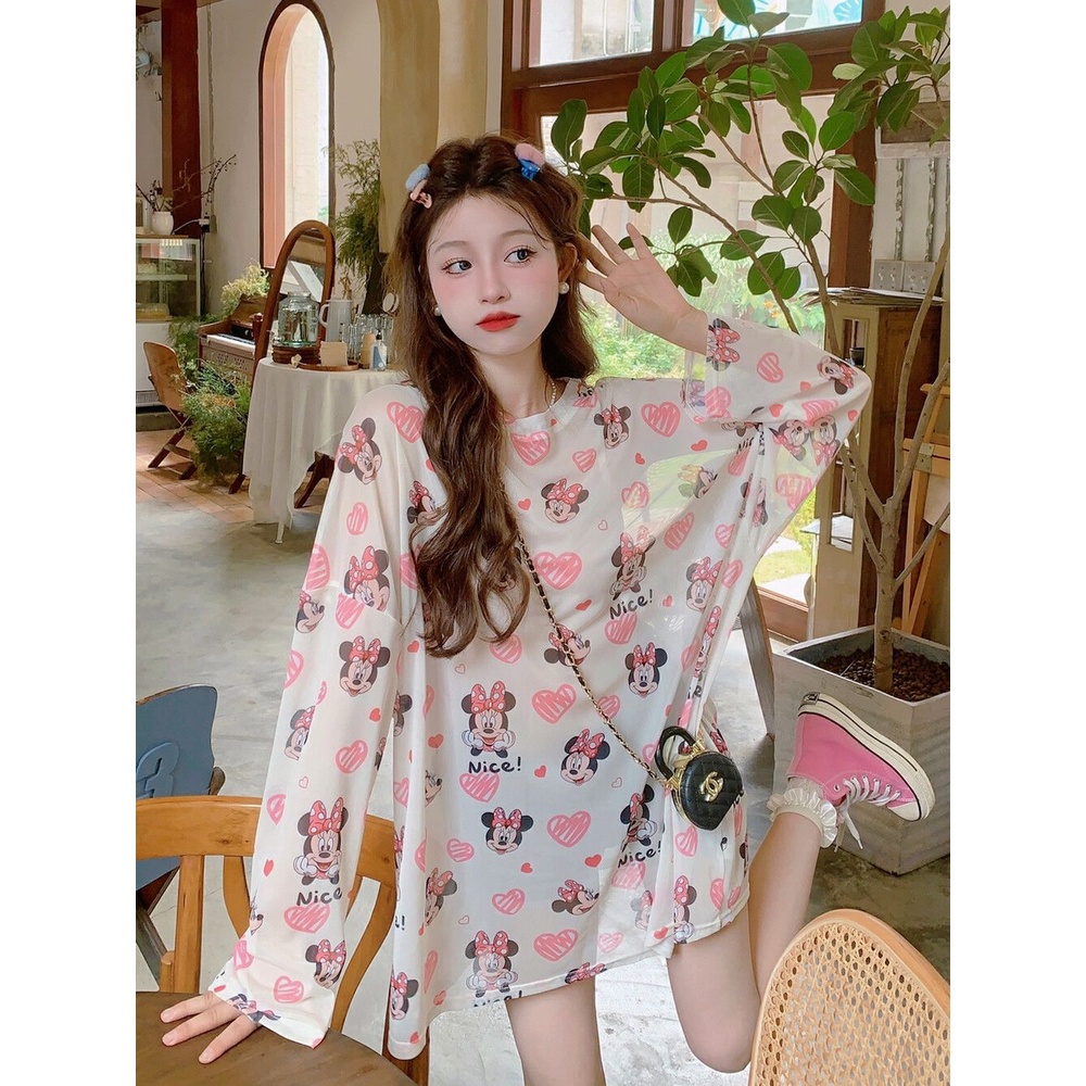 Áo Thun Tay Dài Dáng Rộng Vải Lụa Lạnh Mỏng In Họa Tiết Thời Trang Mùa Hè Kiểu Mới Cho Nữ