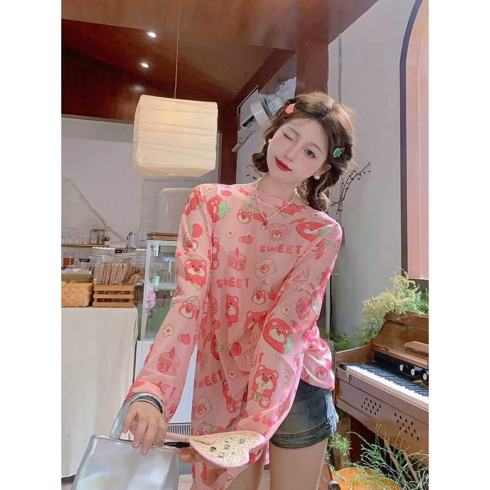 Áo Thun Tay Dài Dáng Rộng Vải Lụa Lạnh Mỏng In Họa Tiết Thời Trang Mùa Hè Kiểu Mới Cho Nữ