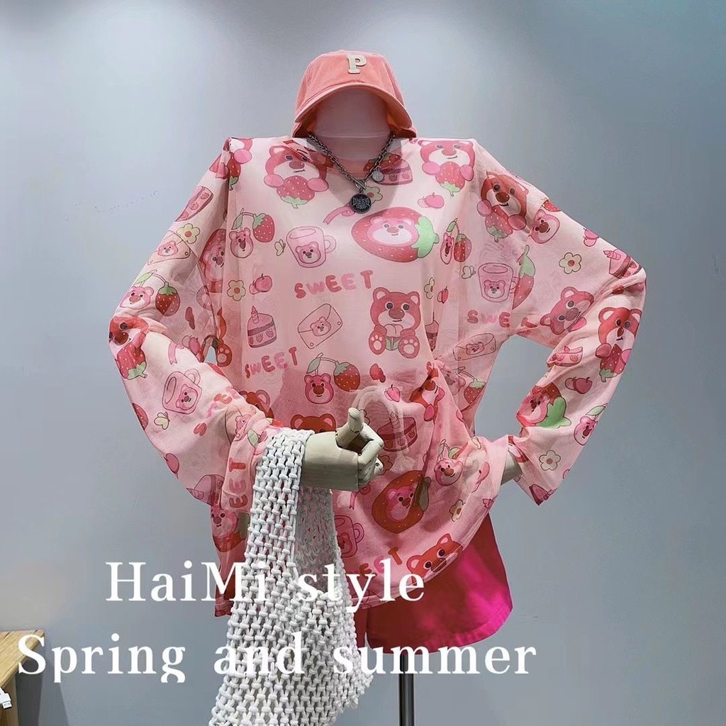 Áo Thun Tay Dài Dáng Rộng Vải Lụa Lạnh Mỏng In Họa Tiết Thời Trang Mùa Hè Kiểu Mới Cho Nữ