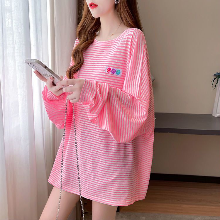 Áo Nỉ Tay Dài Dáng Rộng Họa Tiết Kẻ Sọc Phong Cách Hàn Quốc Thời Trang Mùa Hè Cho Nữ