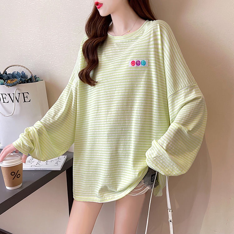 Áo Nỉ Tay Dài Dáng Rộng Họa Tiết Kẻ Sọc Phong Cách Hàn Quốc Thời Trang Mùa Hè Cho Nữ