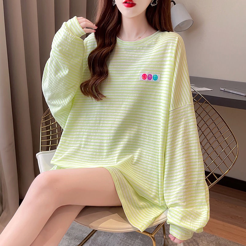 Áo Nỉ Tay Dài Dáng Rộng Họa Tiết Kẻ Sọc Phong Cách Hàn Quốc Thời Trang Mùa Hè Cho Nữ