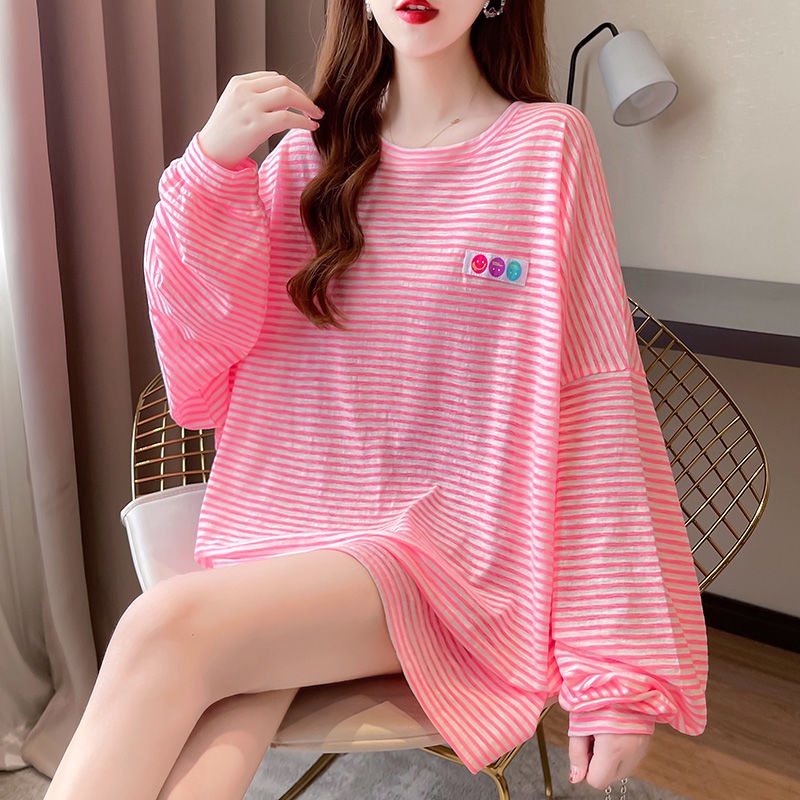 Áo Nỉ Tay Dài Dáng Rộng Họa Tiết Kẻ Sọc Phong Cách Hàn Quốc Thời Trang Mùa Hè Cho Nữ