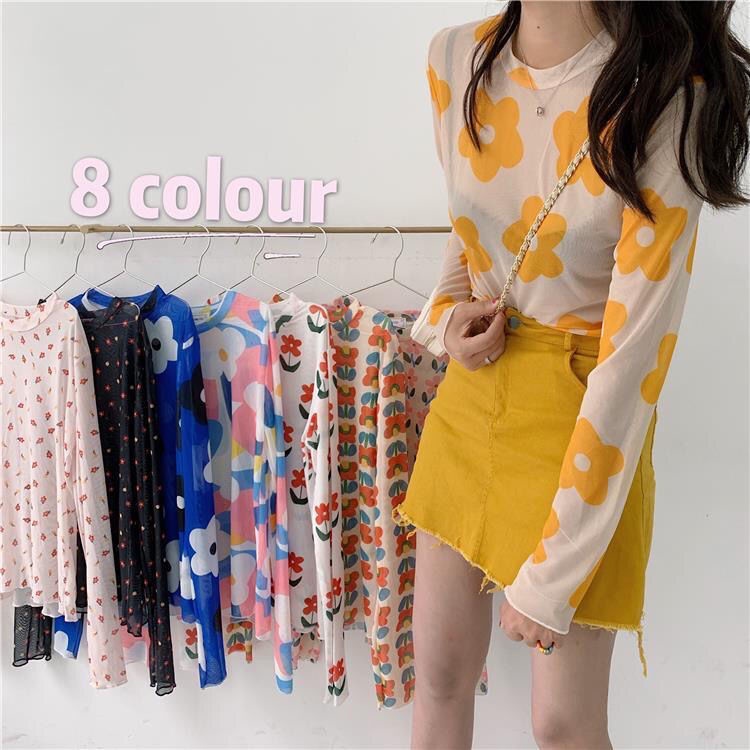 Áo Thun Tay Dài Chống Nắng Mỏng In Họa Tiết Hoa Xinh Xắn Thời Trang Xuân Hè Cho Nữ