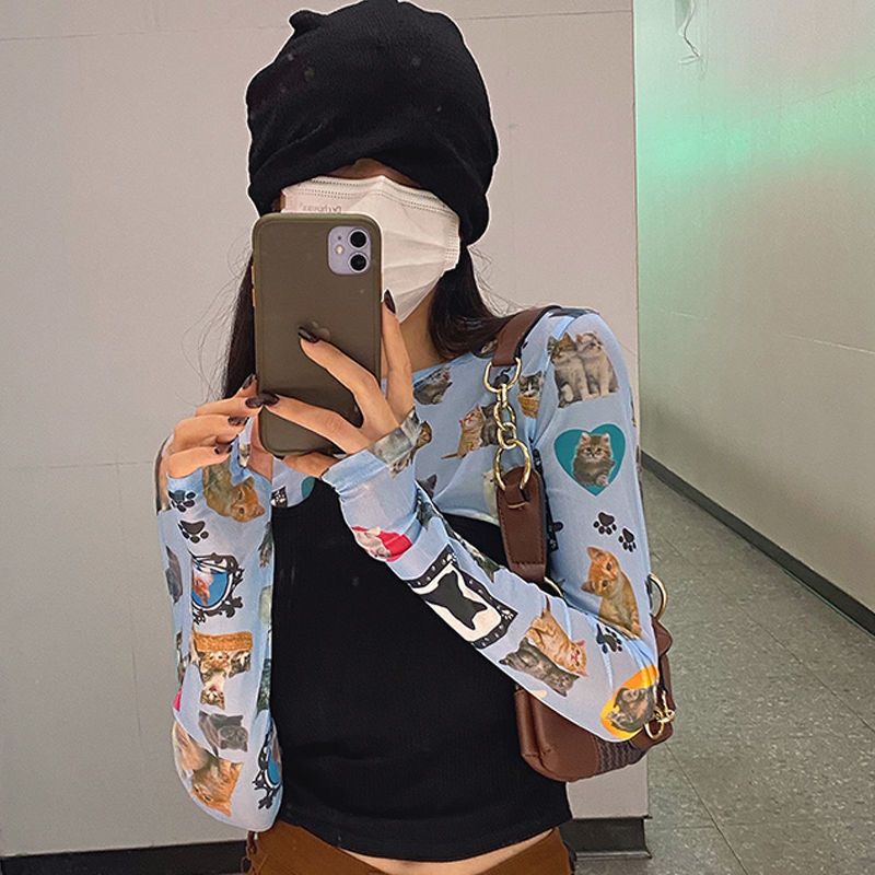 Jiashucheng Áo Thun Tay Dài Chống Nắng Nhìn Xuyên Thấu In Họa Tiết Động Vật Phong Cách Mới Xuân Hè Cho Nữ