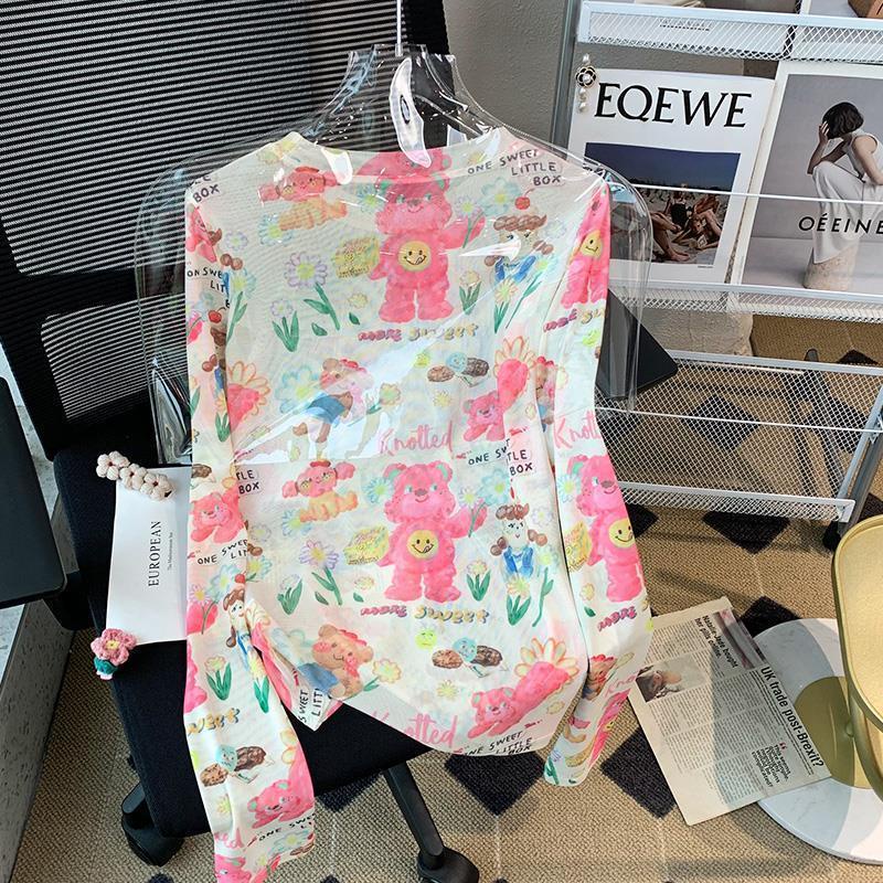 Áo Thun Tay Dài Chống Nắng In Họa Tiết Gấu Hoạt Hình Thời Trang Mùa Hè Cho Nữ