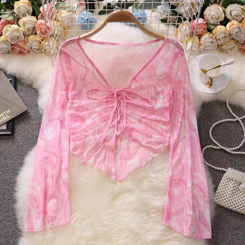 Áo Thun Lửng Cổ Chữ V Dáng Ôm In Họa Tiết Chữ Thời Trang Xuân Thu Phong Cách Hàn Quốc Cho Nữ