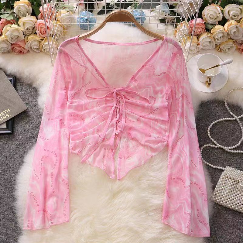 Áo Thun Lửng Cổ Chữ V Dáng Ôm In Họa Tiết Chữ Thời Trang Xuân Thu Phong Cách Hàn Quốc Cho Nữ