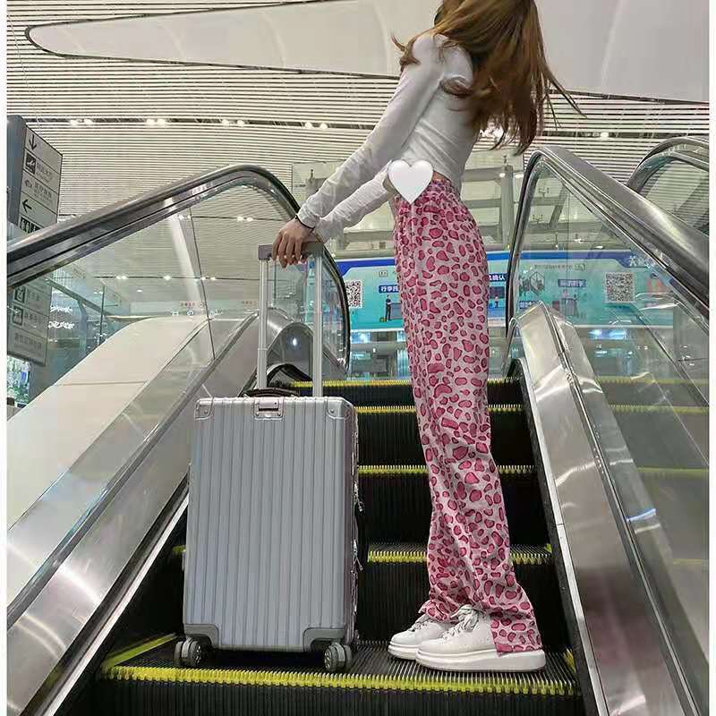 Jiashucheng Quần Ống Rộng Lưng Thun Cao Xẻ Tà In Họa Tiết Da Báo Màu Hồng Thời Trang Xuân Thu Dễ Phối Đồ Cho Nữ